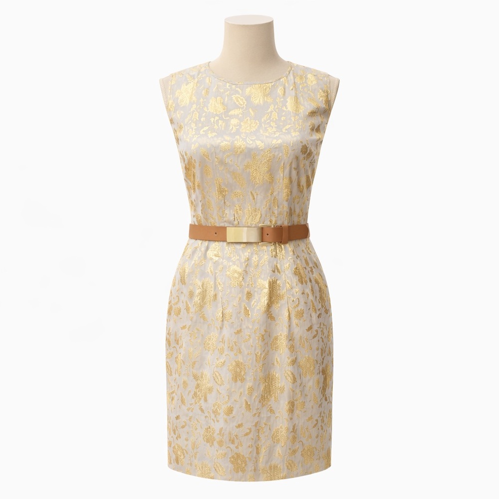 Andrew Marc Gold Brocade Cocktail Dress | Belted | Size 6 | Elegant Evening